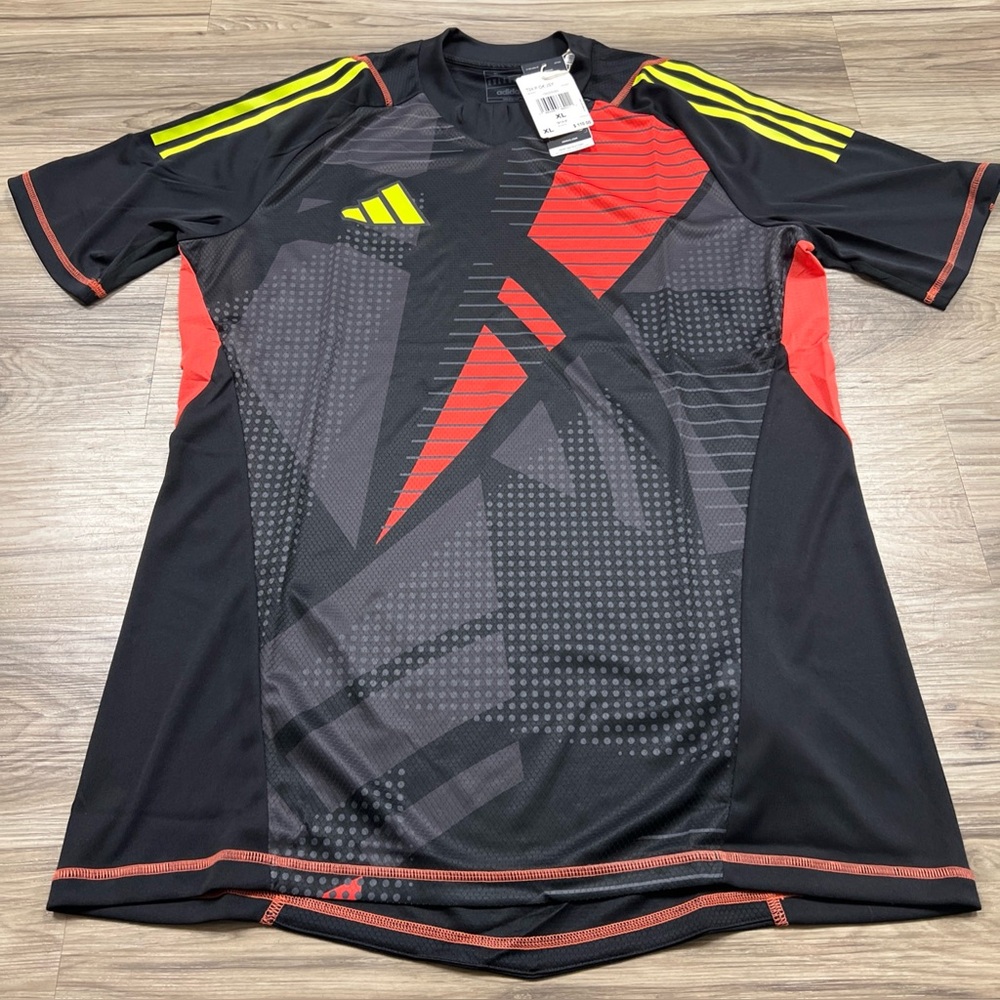 adidas Men's Black Graphic Training Jersey with Red and Neon Yellow Accents